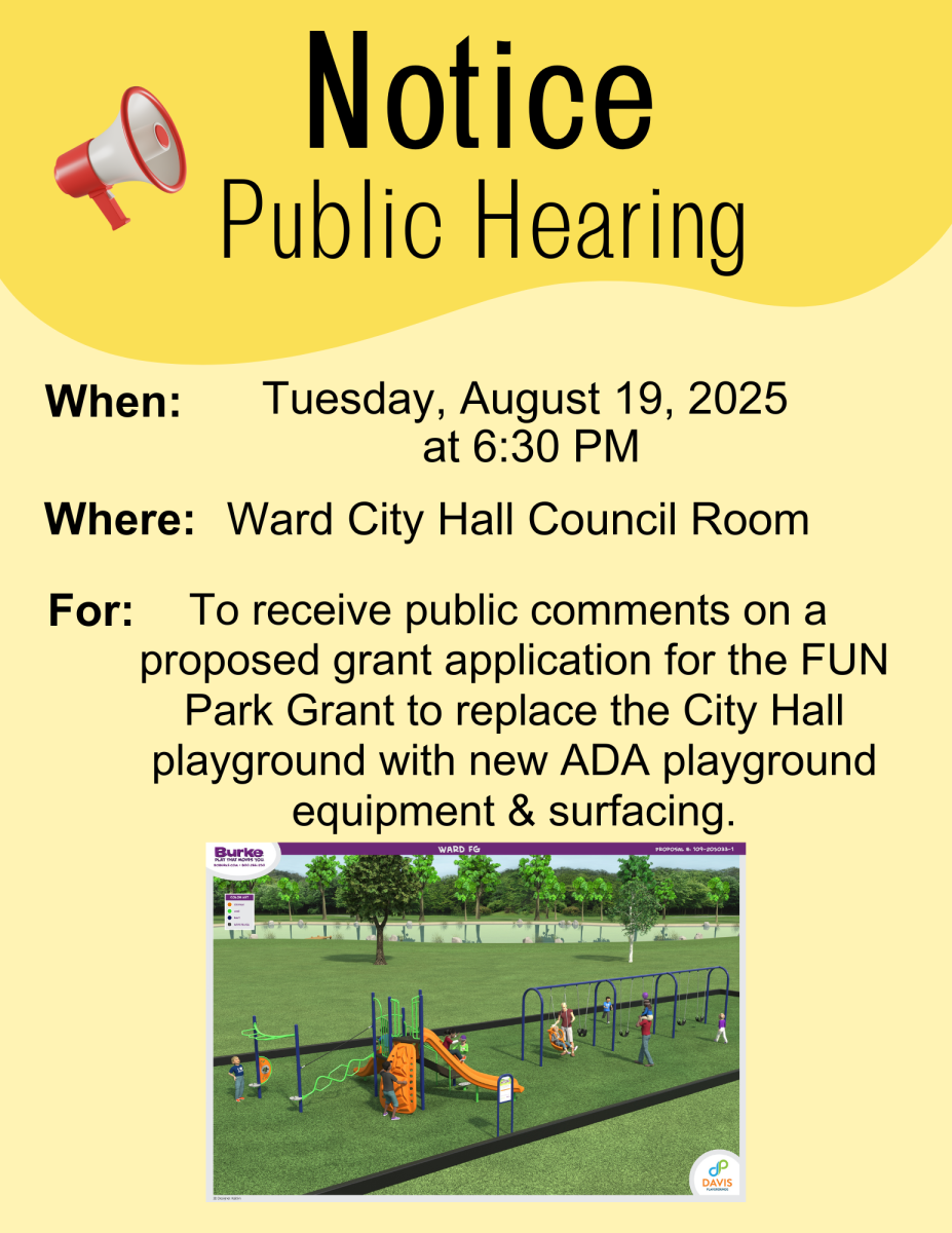 Public Hearing for grant application for a new playground at City Hall on Aug 19, 2025 at 6:30 pm
